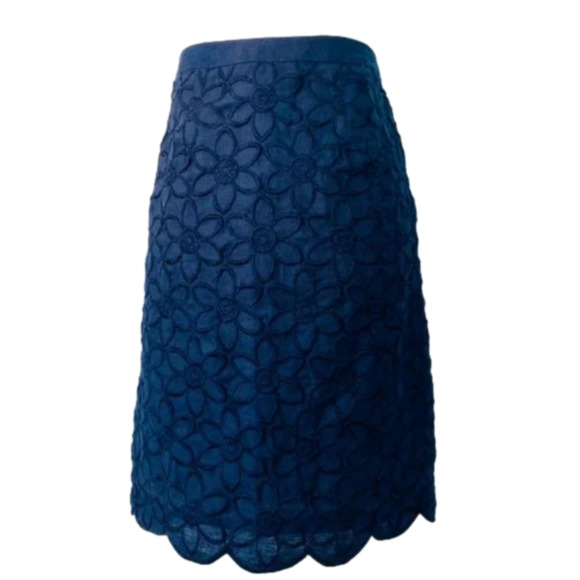 Talbots Navy Blue Floral Embroidered Scalloped Hem‎ Linen Skirt size 8 new!!! - Picture 11 of 14